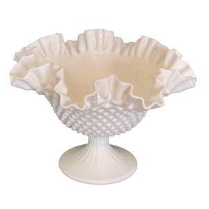 Large Fenton Pedestal Compote Ruffled Hobnail Milk Glass 9.5" x 6.5" Vintage
